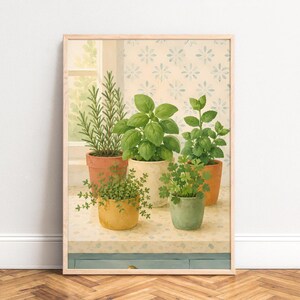 Herb Pots Poster, Botanical Kitchen Art, Pastel Green, Kitchen Dining Wall Decor, Plant Gift A1/A2/A3/A4
