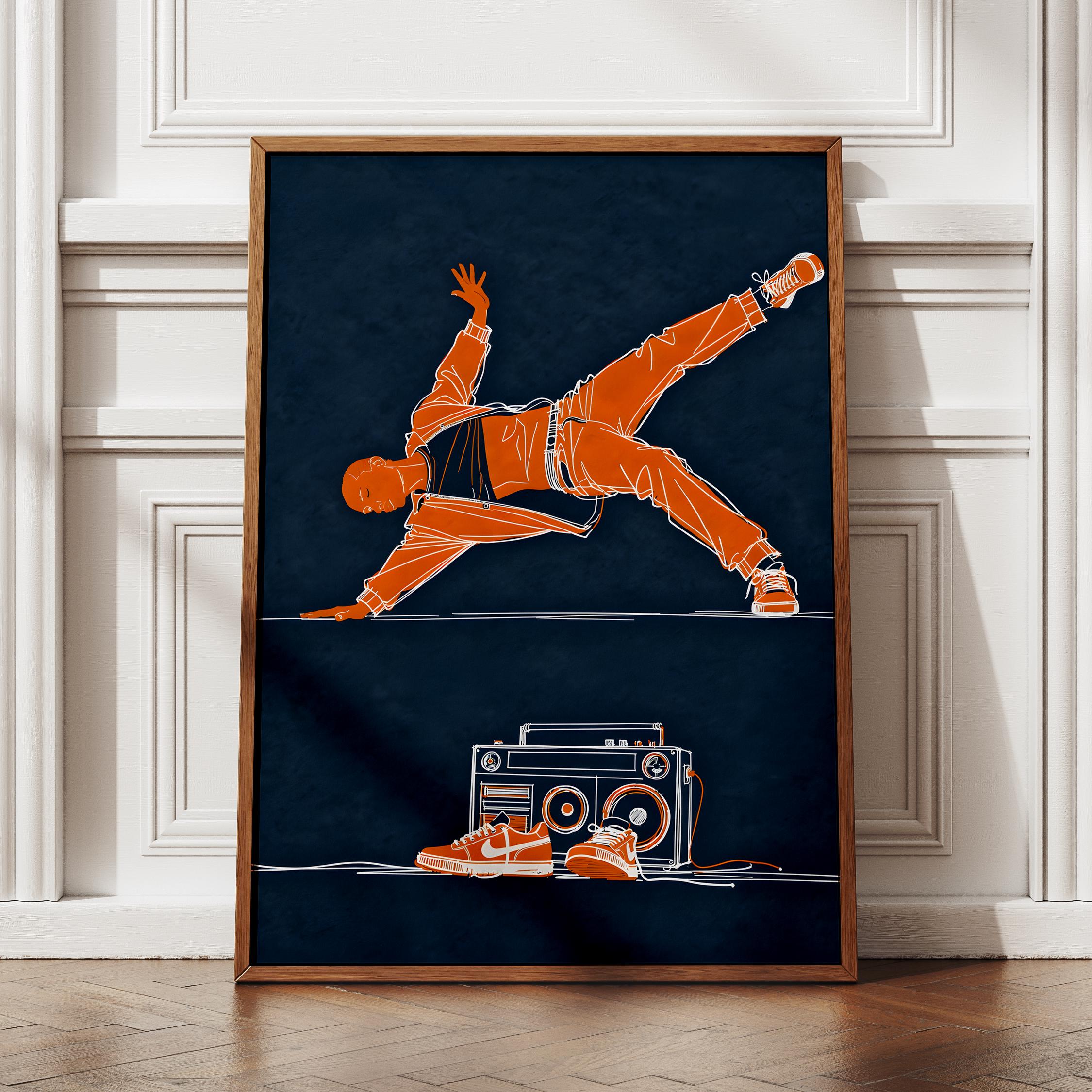 Breakdance Poster, Contemporary Street Art, Navy and Orange Line ...