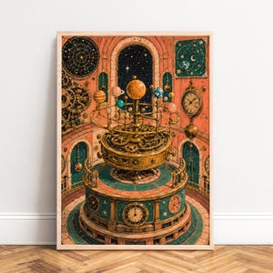 Può includere: Una stampa artistica verticale che raffigura un complesso modello dorato di orrery del sistema solare centrato in una stanza color terracotta. Il dispositivo meccanico include sfere planetarie rotanti, ingranaggi e quadranti di orologi.
