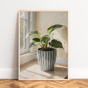 Plant poster,  striped pot,  sunlit window,  oil-texture green leaves neutral beige tones,  modern botanical still-life wall art print