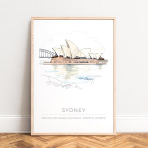 Poster van het Sydney Opera House, aquarel architectuurprint met Harbour Bridge, minimalistische kustlijnen, ideaal als reisgeschenk, ONGEKADERD