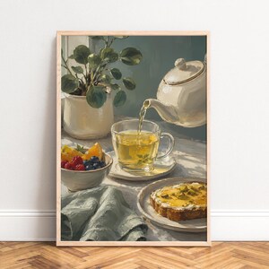Tekannaposter, stillebenmålning, mjukgrönt, kök, matsal, present till te, heminredning A1/A2/A3/A4