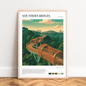 Southern Ridges Poster - Singapore Canopy Walk, Henderson Waves Elevated Boardwalk, Tropical Jungle Skyline Illustration Print, UNFRAMED