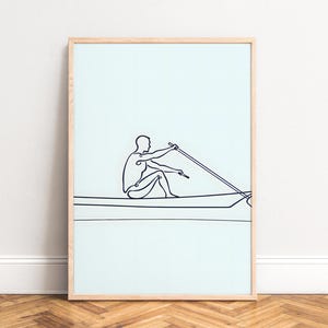 Rowing poster,  minimalist line art,  navy on aqua,  sporty silhouette,  modern coastal wall print,  calm rowing illustration gift idea