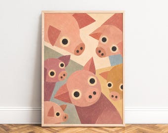 Pig Poster, naive Animal Wall Art, Pink Pastel, Nursery Decor, Gift for Farm Fans