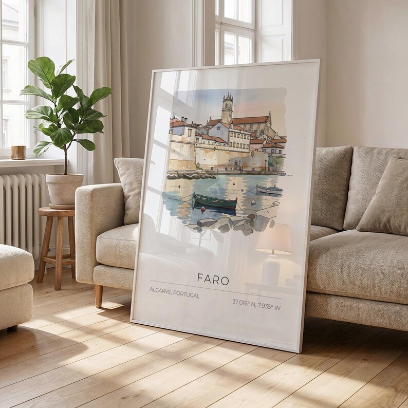 Poster Faro - watercolor, pastel, coastal cityscape, UNFRAMED image 2