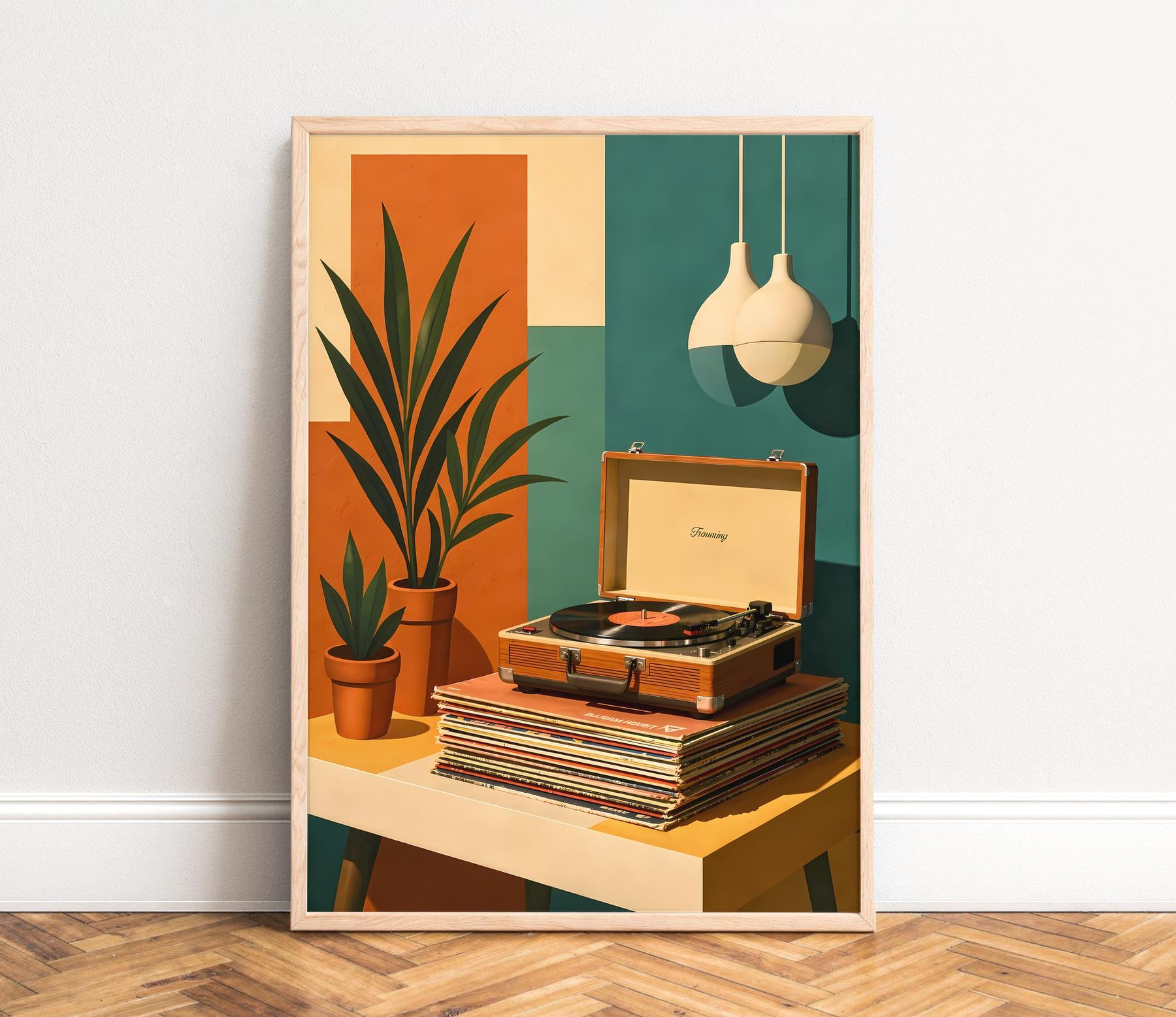 Record Player Poster, Mid-century Wall Art, Orange Green, Living