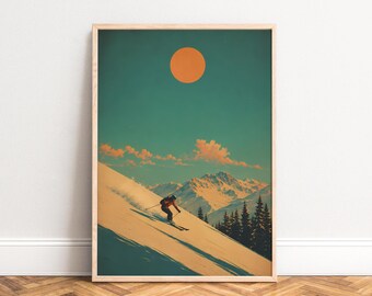 Ski Poster, Vintage Mountain Wall Art, Teal Orange, Living Room, Office, Gift for Skiers A3 A4
