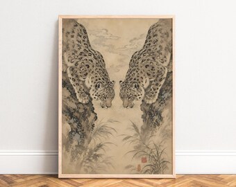 Snow Leopard Poster, Vintage Animal Art, Beige Brown, Living Room and Office, Gift for Animal Lovers A1/A2/A3/A4