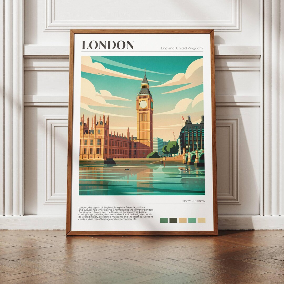 Poster - Illustrated London Big Ben Travel Print, Teal Sunset, Retro ...