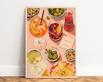 Aperitivo Poster, Vintage Cocktail Wall Art, Orange Red, Kitchen, Dining, Bar Gift 50x70