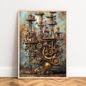 May include: A framed art print depicting a steampunk-style machine with intricate gears, pipes, and platforms. The artwork uses a warm colour palette of bronze, copper, and gold against a textured, blue-grey background. The design evokes an industrial fantasy theme.
