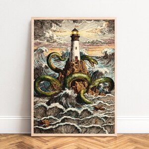 Poster Vintage Gravur mythische Meeresschlange dramatisches Abendrot Leuchtturm stürmische Wellen detailliert Linien nautisch Dekor