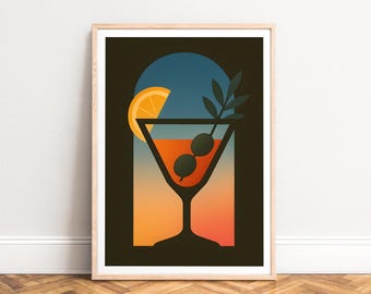Poster - Mid-Century Minimalist Cocktail, Warm Sunset Gradient with Martini & Olive, UNFRAMED