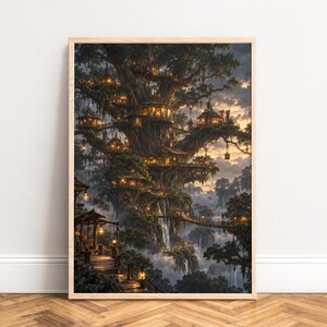 May include: A vertical framed wall art print depicting a massive, ancient tree housing multiple illuminated wooden dwellings connected by bridges and walkways, set against a twilight sky with waterfalls cascading down a misty, forested mountain landscape.