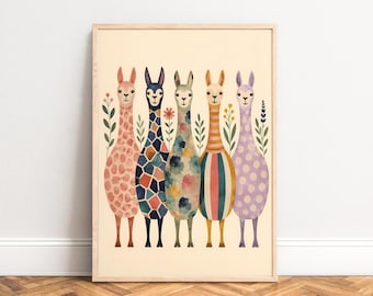 Llama Poster, Boho Animal Wall Art, Pastel Colors, Nursery, Living Room, Gift for Animal Lovers A1 A2 A3 A4
