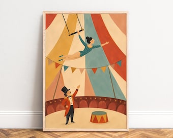 Circus Poster, Vintage Art Deco Illustration, Beige Red, Nursery Wall Art, Gift 50x70 A3 A4