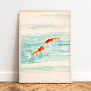 Poster con carpe koi, quadro murale con carpe koi ad acquerello, stampa con onde turchesi, arredamento minimalista giapponese e rilassante, ideale per la cameretta dei bambini o come regalo per il soggiorno (con cornice).