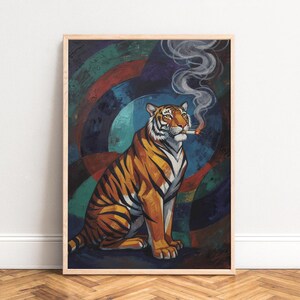 Poster tiger smoking cigarette retro geometric paint texture vibrant orange blue bold pop-art wall print stylized moody statement
