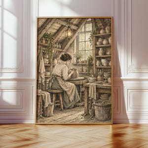 Op de afbeelding: Een ingelijste kunstdruk met een sepia-illustratie van een pottenbakker aan een draaischijf in een rommelig zolderatelier. De scène toont houten planken vol keramische vaten, een hangende lantaarn en een raam met natuurlijk licht.