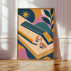 Könnte beinhalten: Ein rechteckiger Wandkunstdruck mit einem Holzbrett, einem gelben Bleistift, einem dunkelblauen Winkelmesser und zwei Holzspänen. Der Hintergrund zeigt abstrakte Formen in Marineblau, Senfgelb, Rosa und Grün mit einem Sternsymbol.