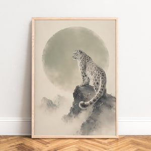 Snow Leopard Poster, Japandi Animal Wall Art, Beige Grey, Living Room Bedroom Office, Gift for Animal Lovers A1/A2/A3/A4