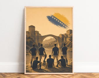 Bosnia Poster, Vintage Travel Print, Gold Blue, Living Room Wall Art, Gift for Travelers A1/A2/A3/A4