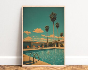 Pool Poster, Vintage Travel Wall Art, Teal Orange, Living Room, Bath, Retro Gift A2/A3/A4
