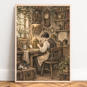 Op de afbeelding: Een ingelijste kunstdruk toont een persoon in een werkplaats die een klok repareert aan een houten bureau. De kamer heeft planken vol boeken, klokken, gereedschap en klimop. Een kat rust op een kist op de voorgrond bij warm licht.