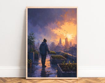 Rooftop City Poster, Urban Sunset Art, Violet Orange, Living Room, Office Wall Art, Gift A1 A2 A3 A4