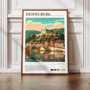 Könnte beinhalten: Ein gerahmter Kunstdruck von Heidelberg, Deutschland, mit einer farbenfrohen Illustration der Architektur, Brücke und Burg der Stadt. Das Kunstwerk hat einen Vintage-Reiseposter-Stil mit einer ruhigen Flussreflexion.