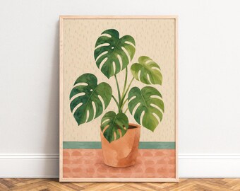 Monstera Poster, Botanical Plant Illustration, Green Terracotta, Living Room Wall Art, Plant Lover Gift