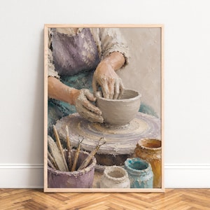 May include: An oil painting depicting a potter shaping a clay bowl on a spinning wheel. The scene features thick, textured brushstrokes in muted tones of lavender, blue, and beige. Several ceramic jars containing sculpting tools sit nearby.