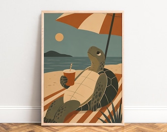Turtle Poster, Vintage Beach Wall Art, Terracotta Blue, Living Room, Nursery, Gift for Animal Lovers 50x70