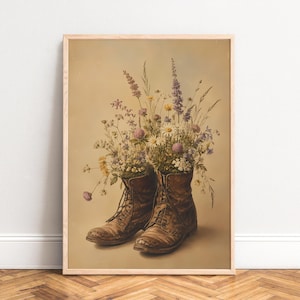 Boots with Flowers Poster, Vintage Still Life, Beige Brown, Living Room Decor, Nature Gift 50x70