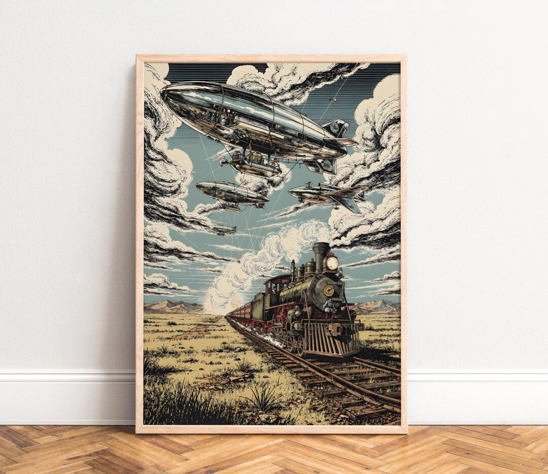 Steampunk Train Poster, Vintage Locomotive and Airships, Teal Sepia ...