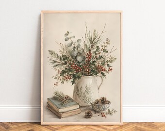 Berry Still Life Poster, Vintage Botanical Wall Art, Cream Green Red, Living Room and Kitchen, Housewarming Gift A1 A2 A3 A4