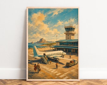 Airport Poster, Vintage Travel Wall Art, Blue Gold, Living Room Office, Gift for Travelers A1 A2 A3 A4