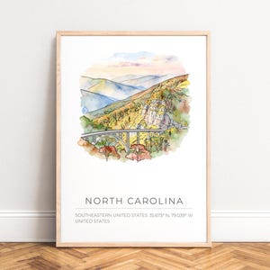 North Carolina poster - mountain bridge watercolor print,  autumn foliage scenic poster with map coordinates,  UNFRAMED