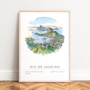 Rio de Janeiro Poster - Christusstatue & Zuckerhut Aquarell-Stadtbild, tropischer blau-grün Kunstdruck fürs Wohnzimmer, UNGERAHMT