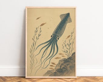 Squid Poster, Vintage Sea Art, Beige Blue, Living Room Wall Art, Ocean Gift A3 A2