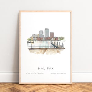 Poster di Halifax - Stampa dello skyline del porto, Nuova Scozia, Canada, Illustrazione ad acquerello del molo, Paesaggio urbano con linee minimaliste, SENZA CORNICE