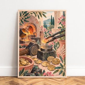 May include: A framed art print depicting a metalworking scene with a furnace, molten gold being poured into a mold, and metal tongs holding a glowing coin. The composition includes scattered gold coins, a hammer, and botanical elements in soft tones.