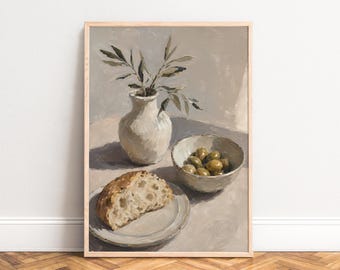 Still Life Poster, Mediterranean Wall Art, Beige Earth Tones, Kitchen Dining Decor, Food Lover Gift 50x70