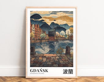 Travel Poster Gdańsk Waterfront Illustration, Textured Graphic, Navy Ochre Palette, UNFRAMED