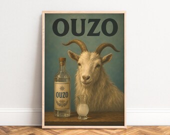 Ouzo Poster, Vintage Goat Wall Art, Green Brown, Kitchen Living Room Decor, Gift for Drink Lovers