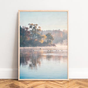 Könnte beinhalten: Gerahmter Landschaftsdruck mit einer ruhigen Seeansicht. Das Bild zeigt einen nebligen Morgen mit Bäumen in Herbstfarben, die sich im ruhigen Wasser spiegeln. Mehrere Vögel sind auf der Wasseroberfläche zu sehen, was die friedliche Atmosphäre verstärkt.