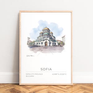 Sofia Poster,  Cathedral Watercolor Print - Bulgaria City Wall Art with Coordinates,  Dome Skyline Sketch,  UNFRAMED