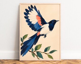 May include: A framed wall art print featuring a bird in flight with dark blue, white, and coral-colored wings. The bird has a long blue tail and is positioned above a brown branch with green leaves against a light beige background.