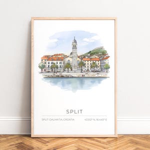 Affiche aquarelle de Split Shore - Paysage urbain - Cathédrale, palmiers, décor méditerranéen, SANS CADRE